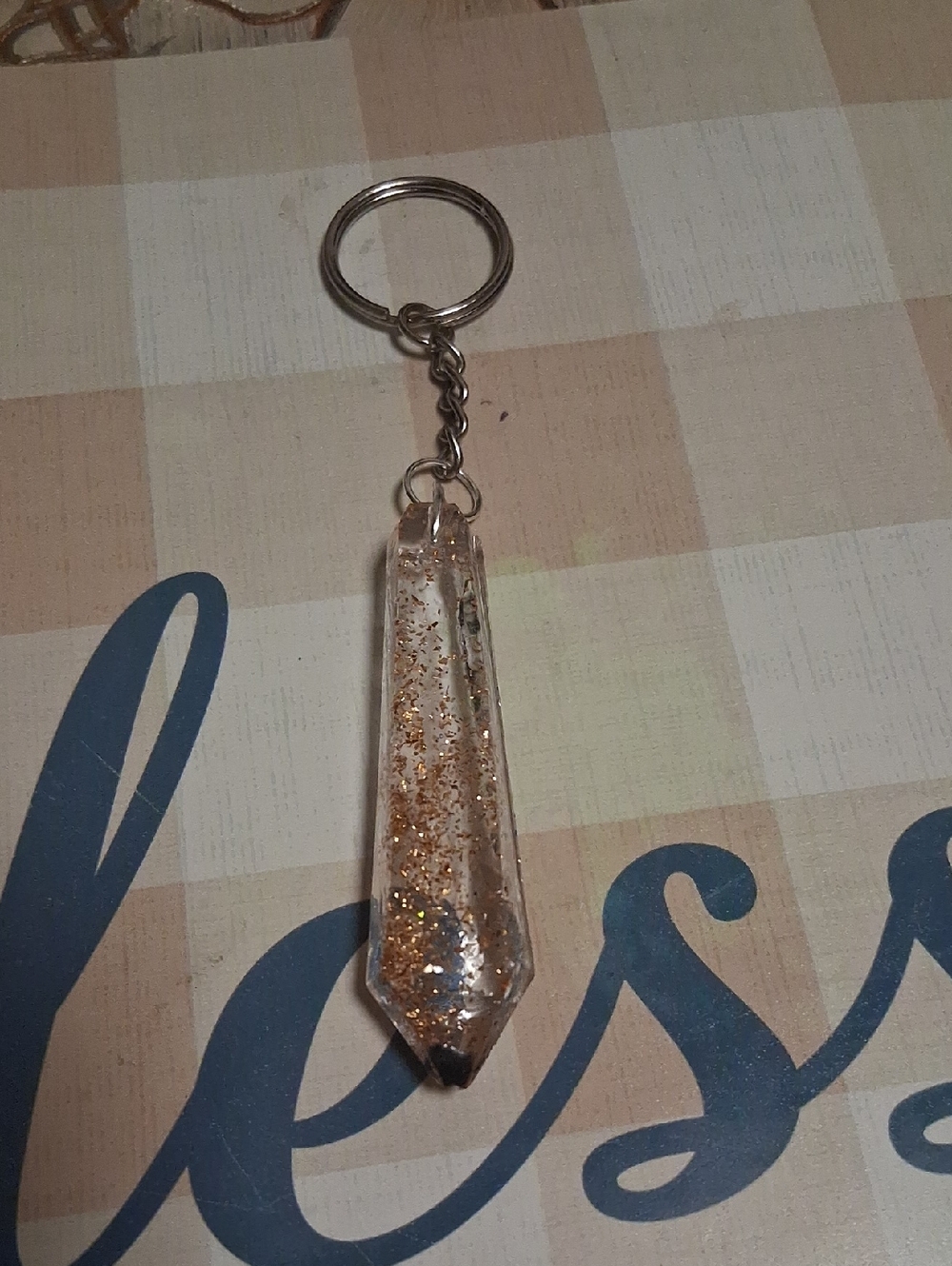 Hand Crafted Clear Crystal Keychain with Gold Flakes